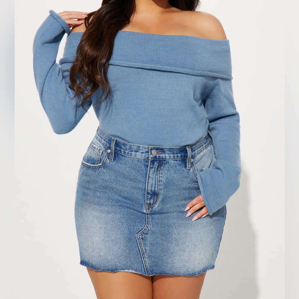 Fashion Nova, Only One Off Shoulder Sweater, Dusty Blue